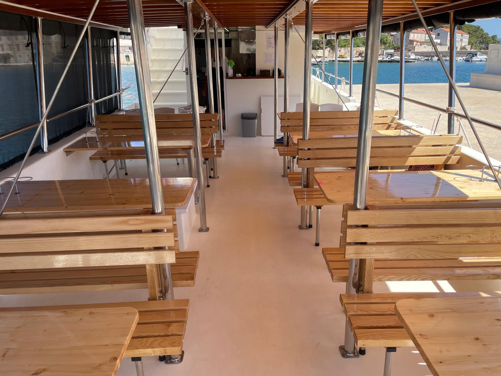 The shaded wooden deck aboard Borna