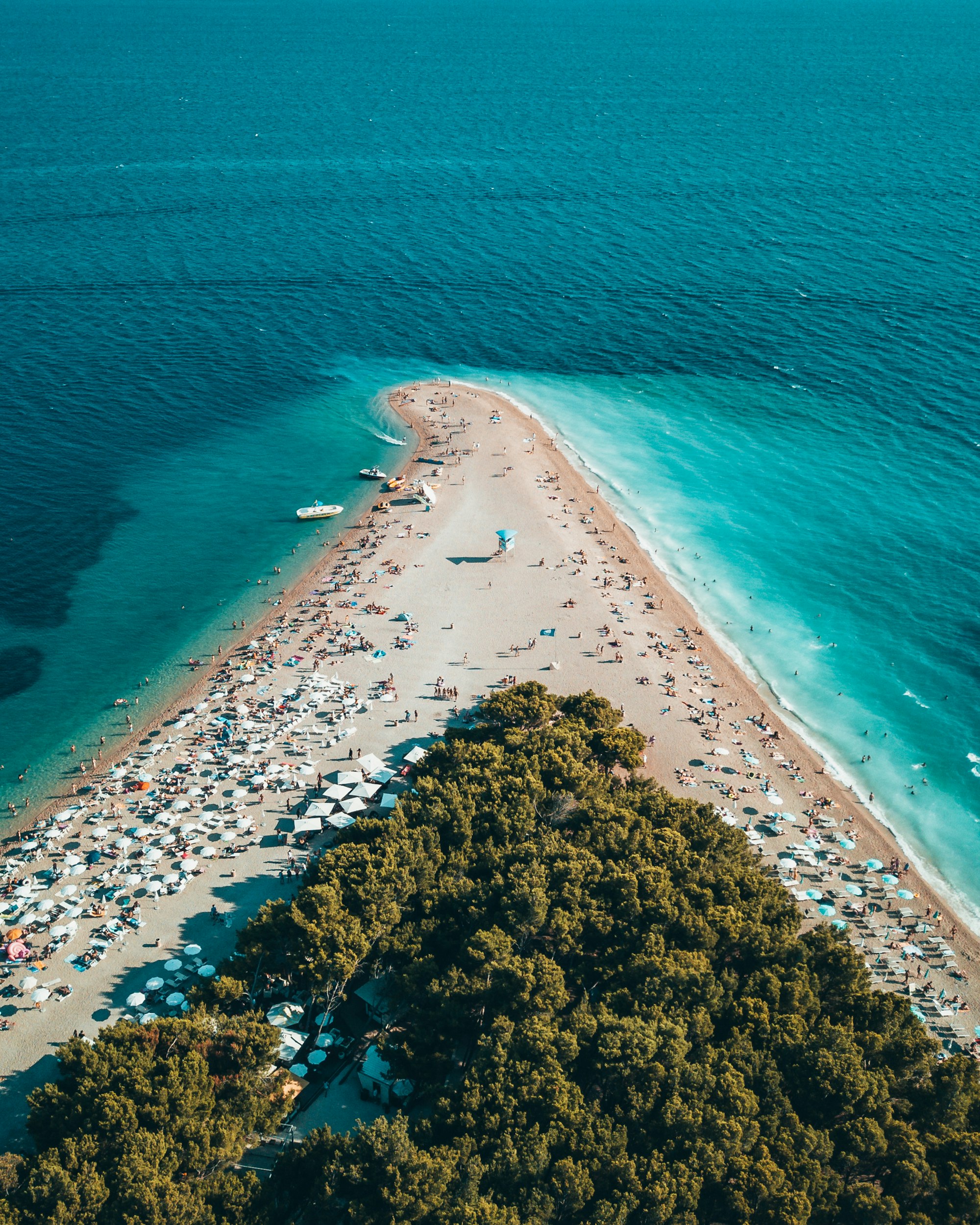 Aerial view of Zlatni Rat, the Golden Horn beach in Bol on Brač